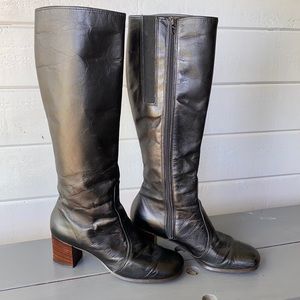 VINTAGE Women’s Black Leather GoGo Campus Retro Block Heel Knee High Boots 7.5